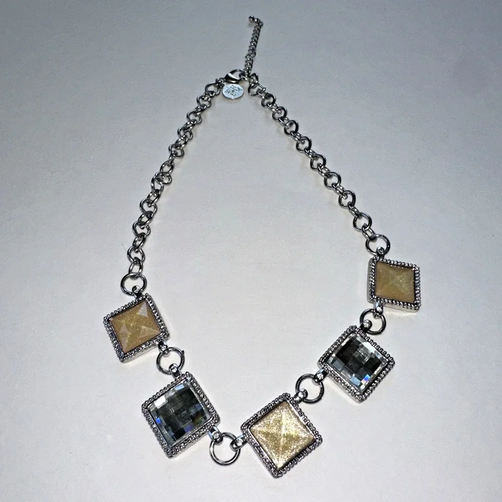 White House Black Market Necklace Women OS Silver Gold Excellent Square Crystal